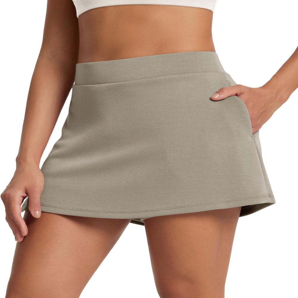 ODODOS Modal Soft Wrap Mini Skorts with Pocket for Women High Waist Asymmetrical Hem Relaxed Shorts, Khaki, Large
