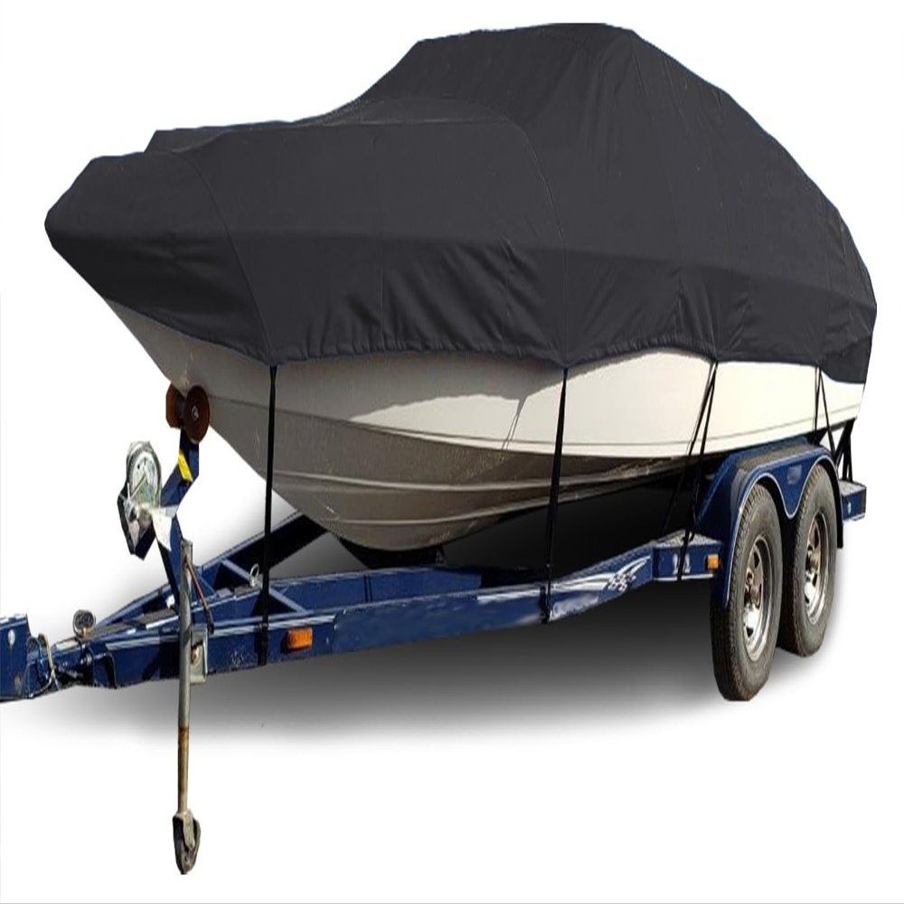 10-24FT Waterproof Boat Cover 420D Trailerable Boat Covers, for V-Hull, TRI-Hull, Runabout Boat, Pro-Style Bass Boats, Black,16~18.5FT94in