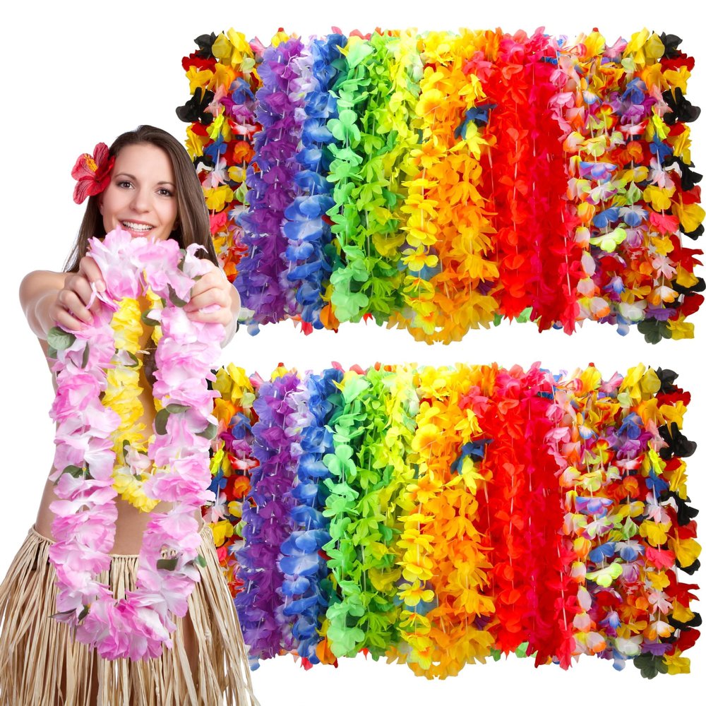 AMAZING TIME 25 Count Hawaiian Lei Bulk, Tropical Luau Hawaii Theme Silk Flower Necklace for Beach Holiday Wedding Birthday, Aloha Summer Supplies
