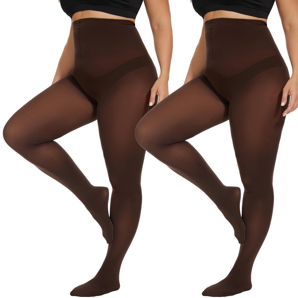CozyWow Plus Size Tights for Women 80D Soft Solid Color Semi Opaque Pantyhose High Waist 1X 2X 3X 4X 2Brown 3XL