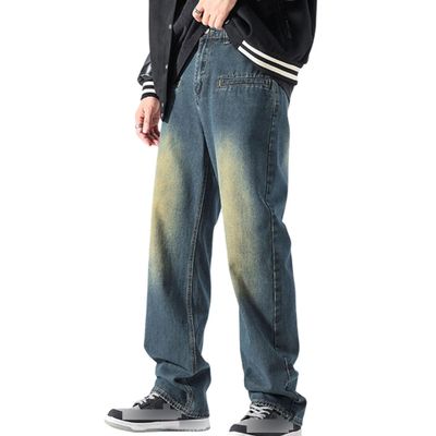 Men's Vintage Baggy Wide Leg Jeans Loose Fit Hip Hop Distressed Denim Pants Fashion Comfort Straight Leg Jeans (Dark Blue,3X-Large)