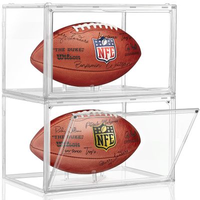 2 Pack Football Display Case, KKU Acrylic Clear Football Case Full Size with Magnetic Door, Professional Memorabilia Football Display Boxes Football Holder Dust and UV Protection