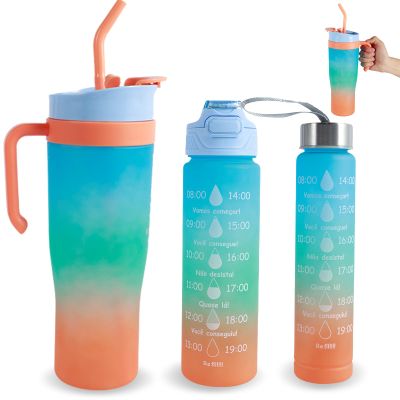 3Pcs Water Bottle with Time Marker, 9/24/40 oz Motivational Water Bottles with Straw to Drink, BPA Free, Sports Drinking Water Bottle with Carry Strap LeakProof for Men Women Gym Fitness Outdoor