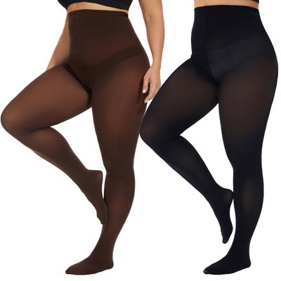 CozyWow Plus Size Tights for Women 80D Soft Solid Color Semi Opaque Pantyhose High Waist 1X 2X 3X 4X Black+Brown-3XL