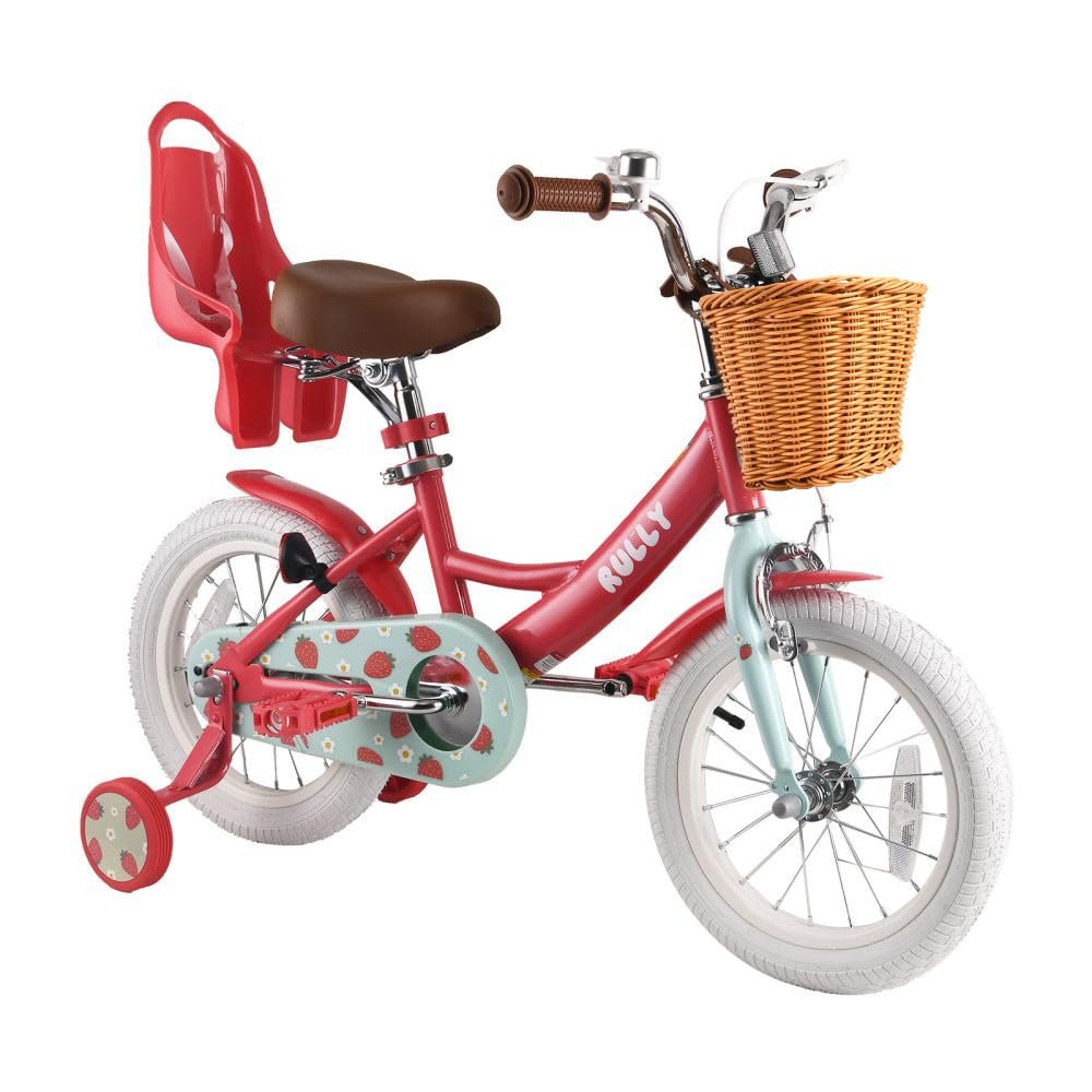 RULLY Strawberry Bike 16 Inch Bicycle for Girls Ages 4 5 6 7 Years, Training Wheels Included, Girl Bikes with Basket & Doll Seat,Pink