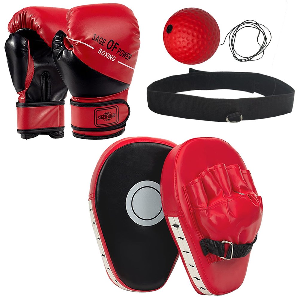 EUMAYES 3-in-1 Kids Boxing Gloves and Punching Mitts Set, Boxing Pads with Boxing Reflex Ball, Kids Boxing Equipment Set for MMA Training, Muay Thai, Karate, Taekwondo