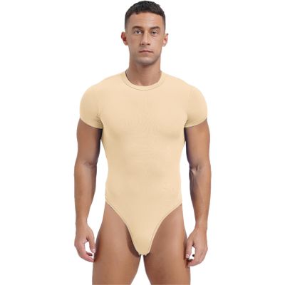 TiaoBug Men's Athletic Sport One-piece Bodysuit Leotard High Cut Wrestling Singlet Jumpsuit Beige XX-Large
