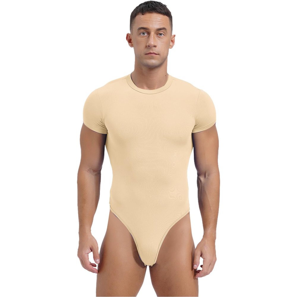 TiaoBug Men's Athletic Sport One-piece Bodysuit Leotard High Cut Wrestling Singlet Jumpsuit Beige XX-Large