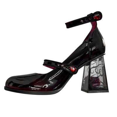 DDWRGD Black Red Goth Mary Jane Shoes for Women, Rose High Heel Dress Party Shoes with Ankle Strap (Black and Red,9)