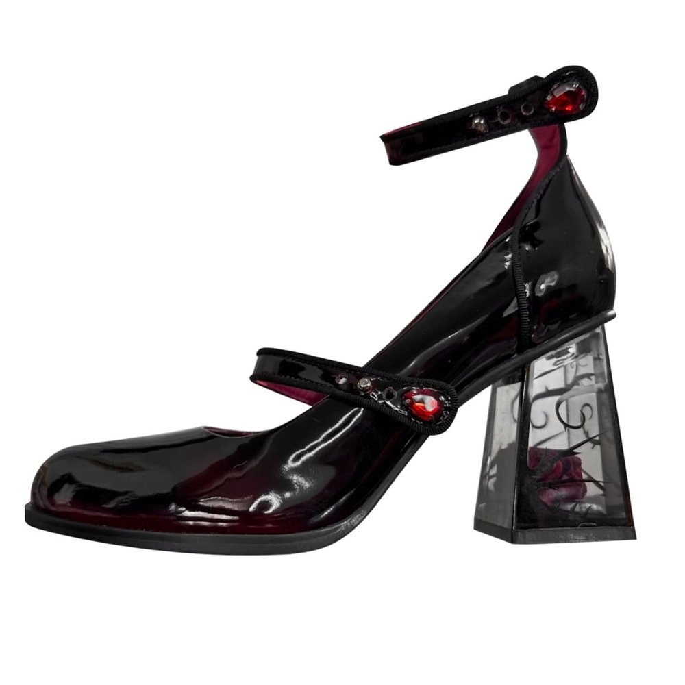 DDWRGD Black Red Goth Mary Jane Shoes for Women, Rose High Heel Dress Party Shoes with Ankle Strap (Black and Red,9)