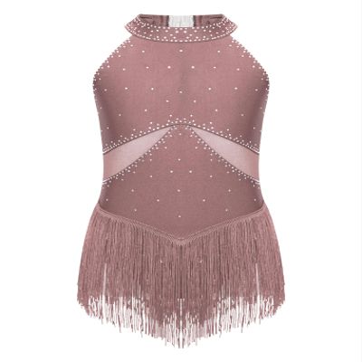 Oyolan Girls Fringe Tassel Sleeveless Lyrical Dance Dress Ballet Dancewear Jazz Modern Contemporary Costume Dusty Pink 14 Years