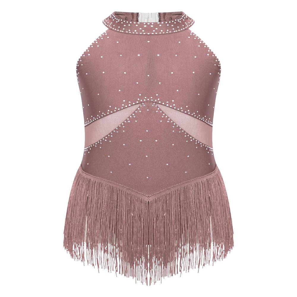 Oyolan Girls Fringe Tassel Sleeveless Lyrical Dance Dress Ballet Dancewear Jazz Modern Contemporary Costume Dusty Pink 14 Years