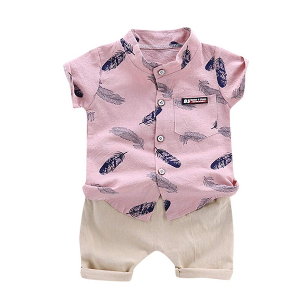AMIMOJY Toddler Baby Boys Child Kids Outfits Cartoon Short Sleeved T-shirt Feather Printed Tops Shorts 2pcs Clothes Set, Pink
