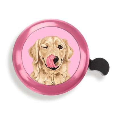 WIRESTER Pink Aluminum Round Bike Bell, Classic Ring Bicycle Bell, Bike Accessories Bell Ring for Adults Kids Girls Boys - Cute Winking Golden Retriever Dog