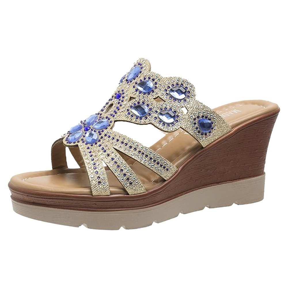 Generic Platform Slipper Sandals For Women Fashion Braided Beaded Sandals Wedge Platform Slide Sandals Casual Open Toe Sandals Espadrille Wedge Sandals Slip On Sandals Comfortable Walking Sandals, 7
