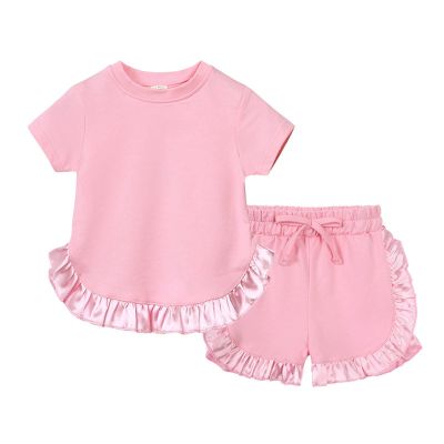 AMIMOJY Toddler Baby Girls Little Kids Spring Summer Ruffle Solid Cotton Short Sleeved Tops and Shorts Comfy 2PCS Outfits Set, 3-4 Years, Pink
