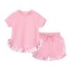 AMIMOJY Toddler Baby Girls Little Kids Spring Summer Ruffle Solid Cotton Short Sleeved Tops and Shorts Comfy 2PCS Outfits Set, 3-4 Years, Pink view 1