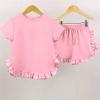 AMIMOJY Toddler Baby Girls Little Kids Spring Summer Ruffle Solid Cotton Short Sleeved Tops and Shorts Comfy 2PCS Outfits Set, 3-4 Years, Pink view 2