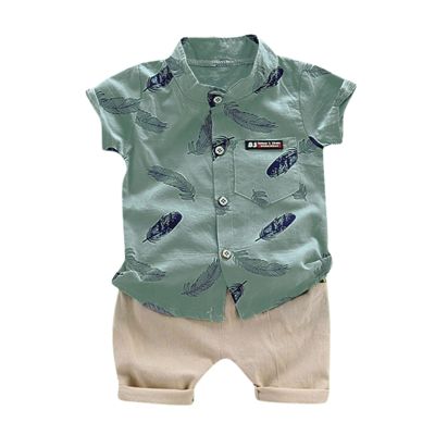AMIMOJY Toddler Baby Boys Child Kids Outfits Cartoon Short Sleeved T-shirt Feather Printed Tops Shorts 2pcs Clothes Set, 18-24 Months, Green