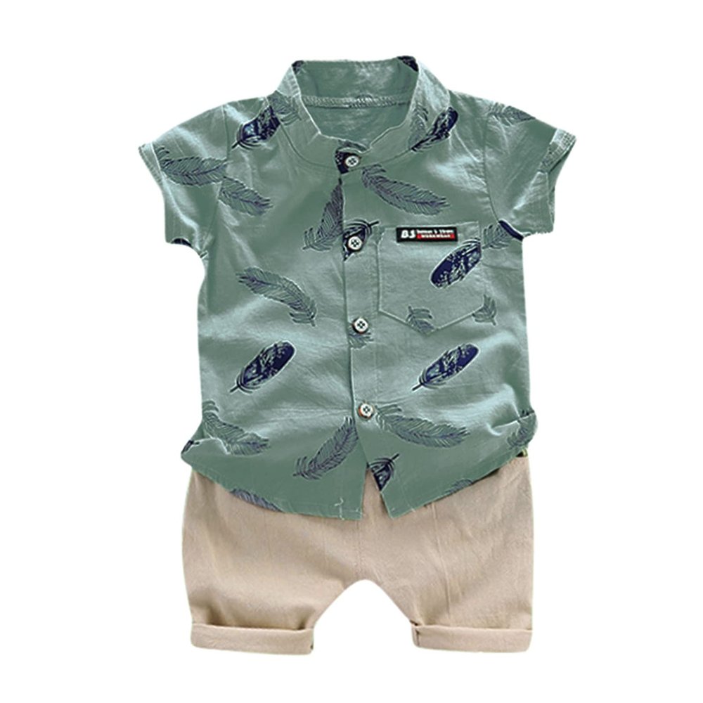 AMIMOJY Toddler Baby Boys Child Kids Outfits Cartoon Short Sleeved T-shirt Feather Printed Tops Shorts 2pcs Clothes Set, 18-24 Months, Green