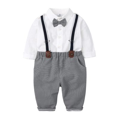AMIMOJY Toddler Baby Boys Infant Kids Bowtie Long Sleeve Shirt Gentleman Suit Plaid Suspender Pants Outfits 2 Piece Clothes Set, 6-9 Months, Grey