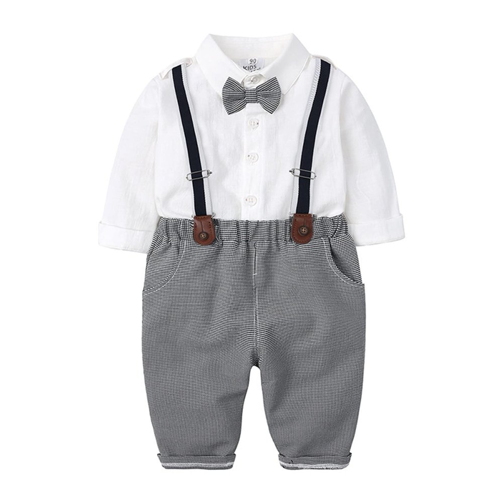 AMIMOJY Toddler Baby Boys Infant Kids Bowtie Long Sleeve Shirt Gentleman Suit Plaid Suspender Pants Outfits 2 Piece Clothes Set, 6-9 Months, Grey