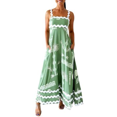 2024 Summer Dress for Women Spaghetti Strap RIC Rac Flowy Maxi Dress Loose Aline Vacation Beach Long Sun Dress Chic Green Small
