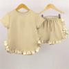 AMIMOJY Toddler Baby Girls Little Kids Spring Summer Ruffle Solid Cotton Short Sleeved Tops and Shorts Comfy 2PCS Outfits Set, 6-12 Months, Yellow view 2