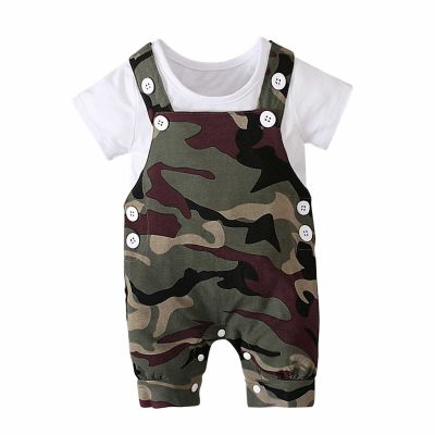 AMIMOJY Baby Toddler Boys Girls Outfits Summer T shirt Tops Camouflage Suspenders Pants Overalls Shorts Outfits Clothes 2PCS, 18-24 Months