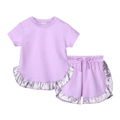 AMIMOJY Toddler Baby Girls Little Kids Spring Summer Ruffle Solid Cotton Short Sleeved Tops and Shorts Comfy 2PCS Outfits Set, 18-24 Months, Purple