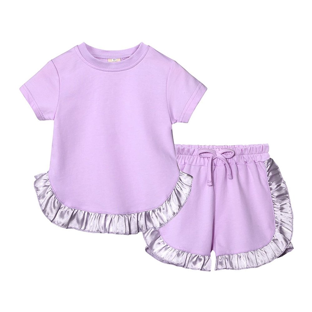 AMIMOJY Toddler Baby Girls Little Kids Spring Summer Ruffle Solid Cotton Short Sleeved Tops and Shorts Comfy 2PCS Outfits Set, 18-24 Months, Purple