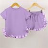 AMIMOJY Toddler Baby Girls Little Kids Spring Summer Ruffle Solid Cotton Short Sleeved Tops and Shorts Comfy 2PCS Outfits Set, 18-24 Months, Purple view 2