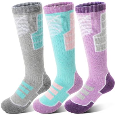 Anlisim Kids Merino Wool Ski Socks 3 Pairs Girls Boys Thermal Winter Warm Thick Breathable Socks for Skiing Snowboarding (Mixed,12-15 Years)