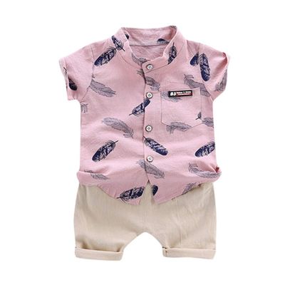 AMIMOJY Toddler Baby Boys Child Kids Outfits Cartoon Short Sleeved T-shirt Feather Printed Tops Shorts 2pcs Clothes Set, 12-18 Months, Pink