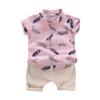 AMIMOJY Toddler Baby Boys Child Kids Outfits Cartoon Short Sleeved T-shirt Feather Printed Tops Shorts 2pcs Clothes Set, 12-18 Months, Pink view 1