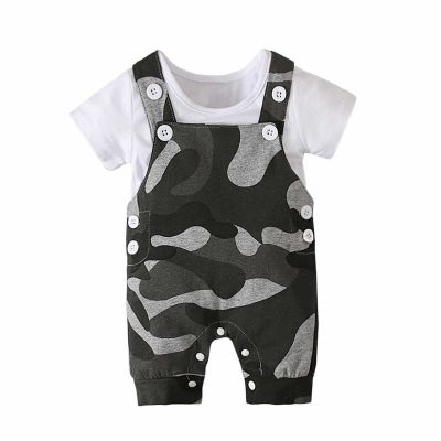 AMIMOJY Baby Toddler Boys Girls Outfits Summer T shirt Tops Camouflage Suspenders Pants Overalls Shorts Outfits Clothes 2PCS, 3-6 Months