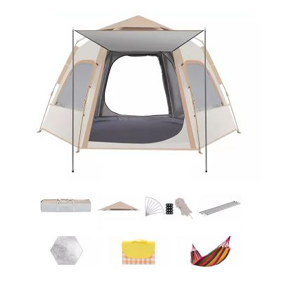 3-4 People Tents. Pop Up Tent. with Rainproof Top Cover, Portable Carry Bag. for Camping, Family Outings, and Outdoor Activities(Apricot Rice White-C)