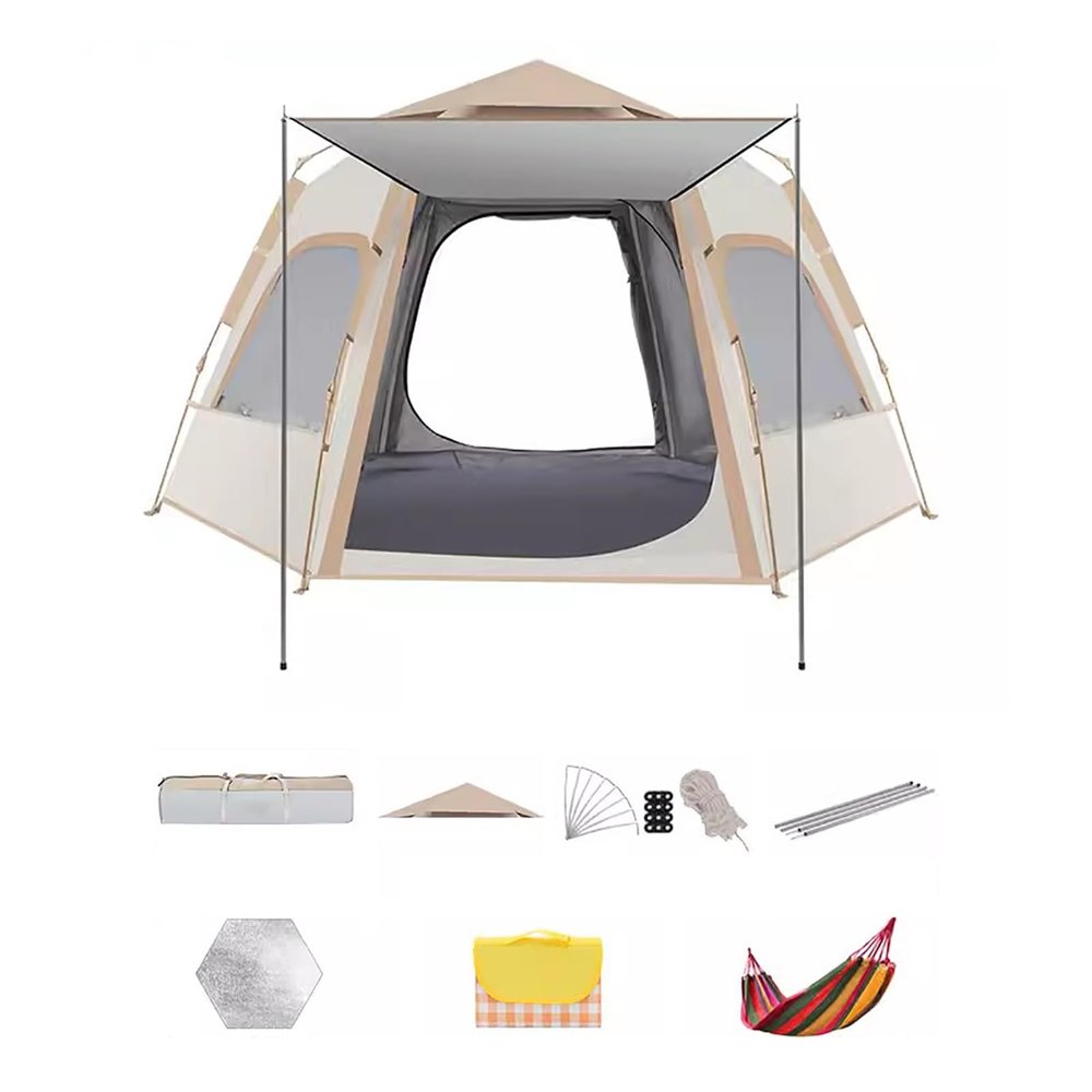 3-4 People Tents. Pop Up Tent. with Rainproof Top Cover, Portable Carry Bag. for Camping, Family Outings, and Outdoor Activities(Apricot Rice White-C)