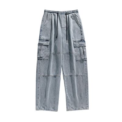 Men's Vintage Cargo Jeans with Side Pockets Distressed Washed Jean Trousers Elastic Waist Skateboard Denim Pants (Light Blue,Large)