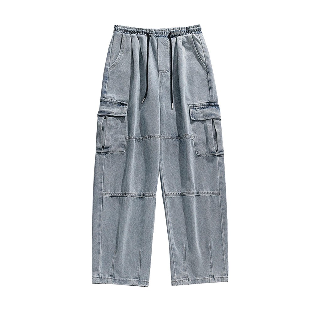 Men's Vintage Cargo Jeans with Side Pockets Distressed Washed Jean Trousers Elastic Waist Skateboard Denim Pants (Light Blue,Large)