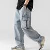 Men's Vintage Cargo Jeans with Side Pockets Distressed Washed Jean Trousers Elastic Waist Skateboard Denim Pants (Light Blue,Large) view 2