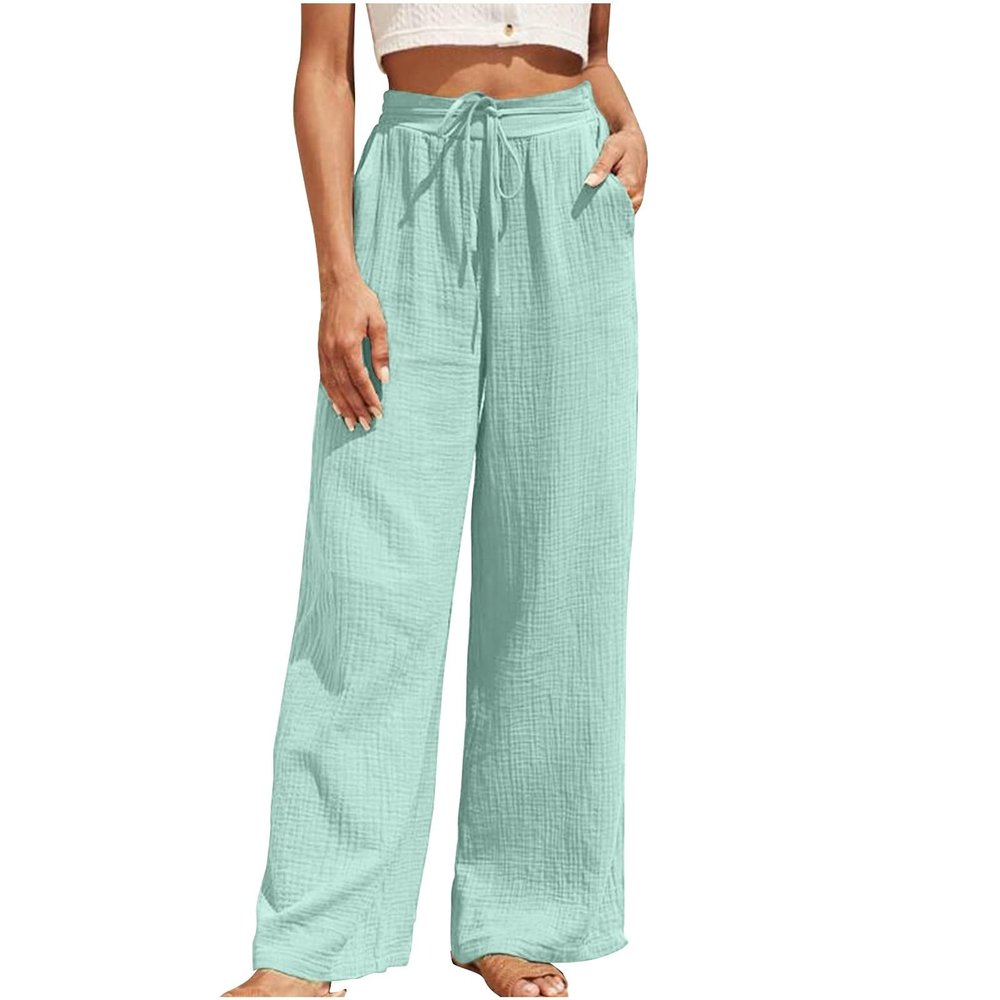 Lmdudan Women's Elastic High Waist Pants Casual Tie Front Wide Leg Loose Fit Pants Trouser 2024 Summer Pants with Pockets