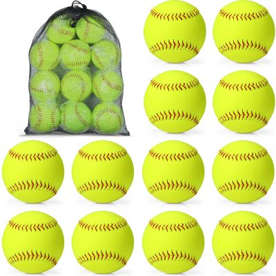 Lewtemi 12 Pack Softball Bulk Yellow Sports Practice Softballs Official Size and Weight Slowpitch Softball with 1 Mesh Bag Unmarked Leather Covered Youth Fastpitch Games Practice Training (11 Inch)