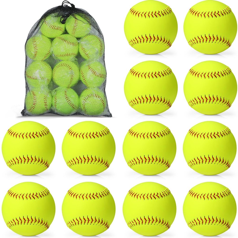 Lewtemi 12 Pack Softball Bulk Yellow Sports Practice Softballs Official Size and Weight Slowpitch Softball with 1 Mesh Bag Unmarked Leather Covered Youth Fastpitch Games Practice Training (11 Inch)