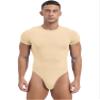 ACSUSS Mens Athletic Sport Bodysuit Round Neck Short Sleeve Buttoned Crotch Jumpsuit Rompers for Yoga Beige Large view 1