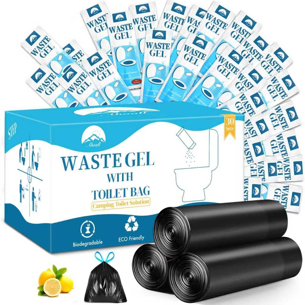Portable Toilet Bags Poo Waste Gel Set, 30 Count 10 Gal Camping Toilet bags with drawstring and 30 Pack 0.53 Oz each Pee Powder for Portable Camping Toilet fit for Traveling, Outdoor Activities