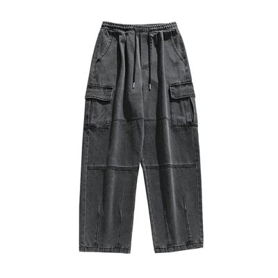 Men's Vintage Cargo Jeans with Side Pockets Distressed Washed Jean Trousers Elastic Waist Skateboard Denim Pants (Black,X-Large)