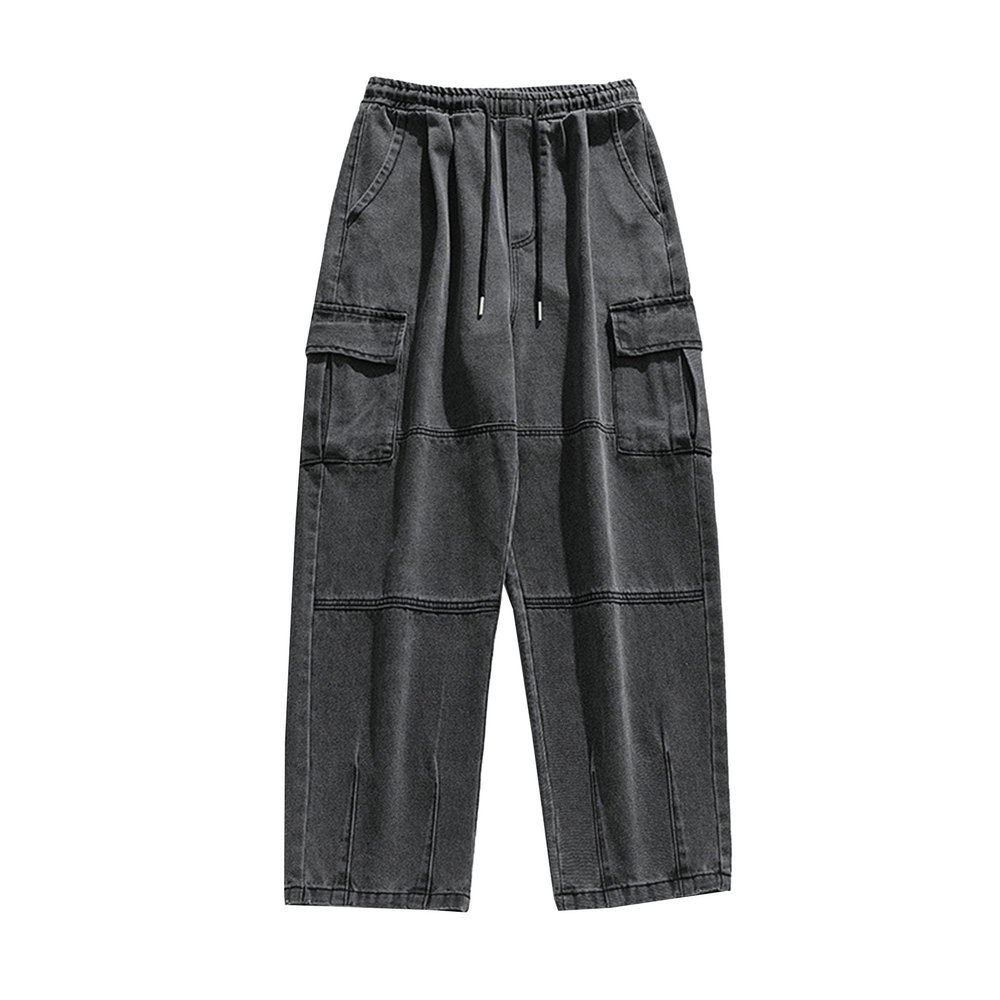 Men's Vintage Cargo Jeans with Side Pockets Distressed Washed Jean Trousers Elastic Waist Skateboard Denim Pants (Black,X-Large)