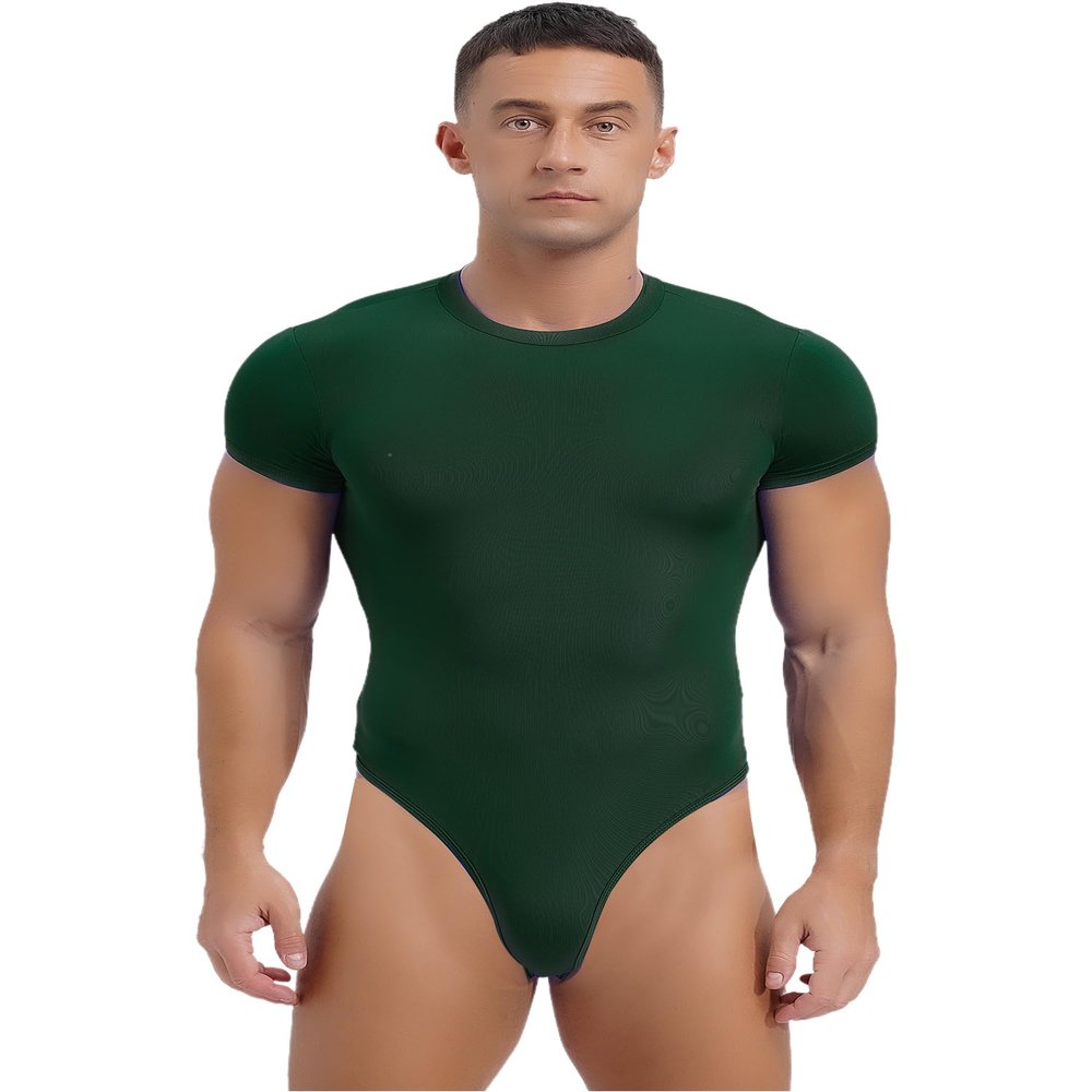 ACSUSS Mens Athletic Sport Bodysuit Round Neck Short Sleeve Buttoned Crotch Jumpsuit Rompers for Yoga Green Large