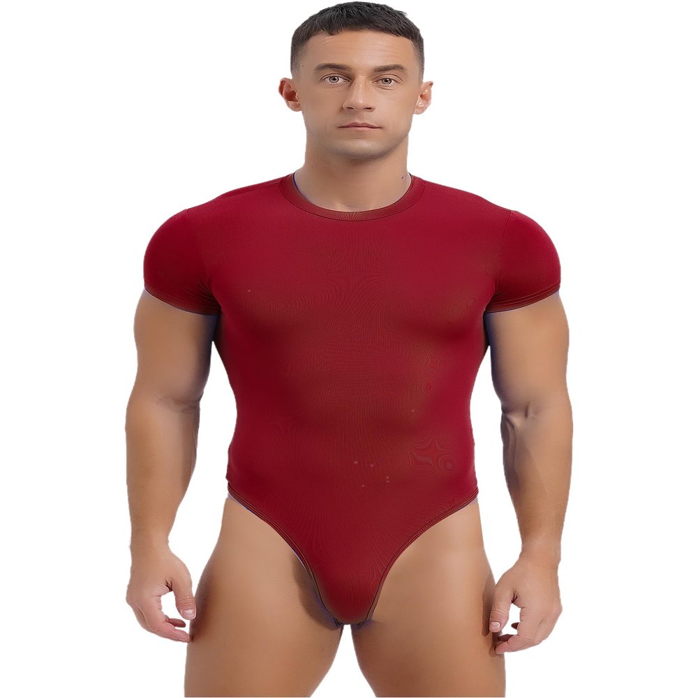 ACSUSS Mens Athletic Sport Bodysuit Round Neck Short Sleeve Buttoned Crotch Jumpsuit Rompers for Yoga Burgundy XX-Large